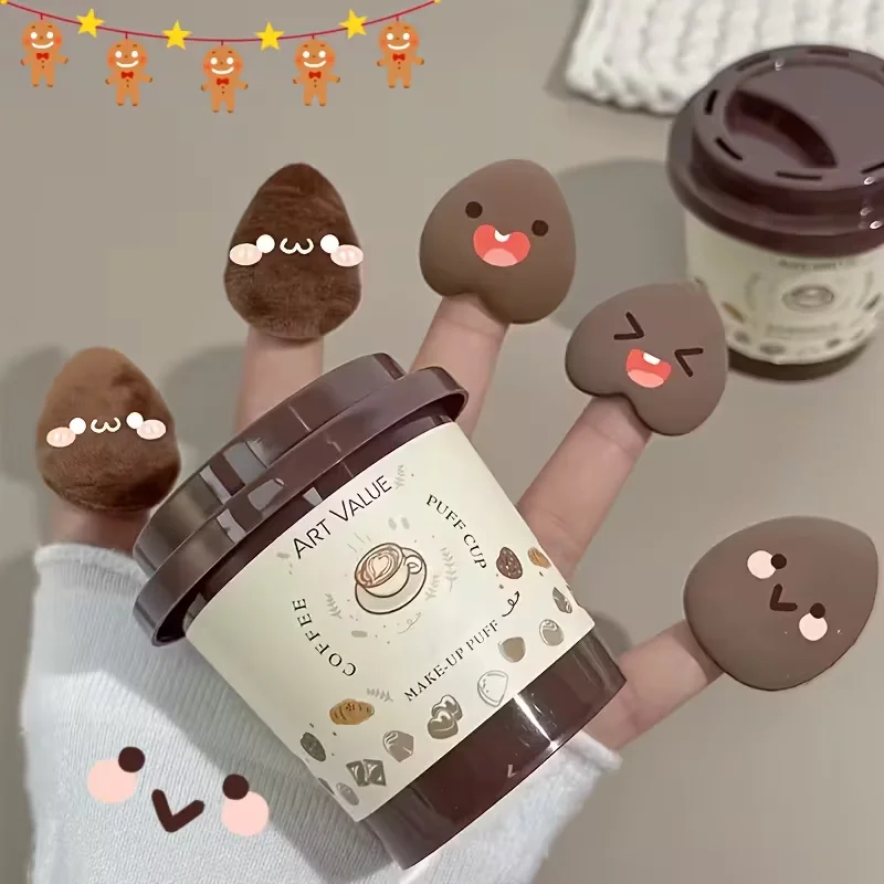5PCS 미니 커피 파우더 퍼프 세트, 습식 및 건식 손가락 끝 스폰지, 부드러운 피부 친화적인 플로킹 메이크업 쿠션, 메이크업 도구