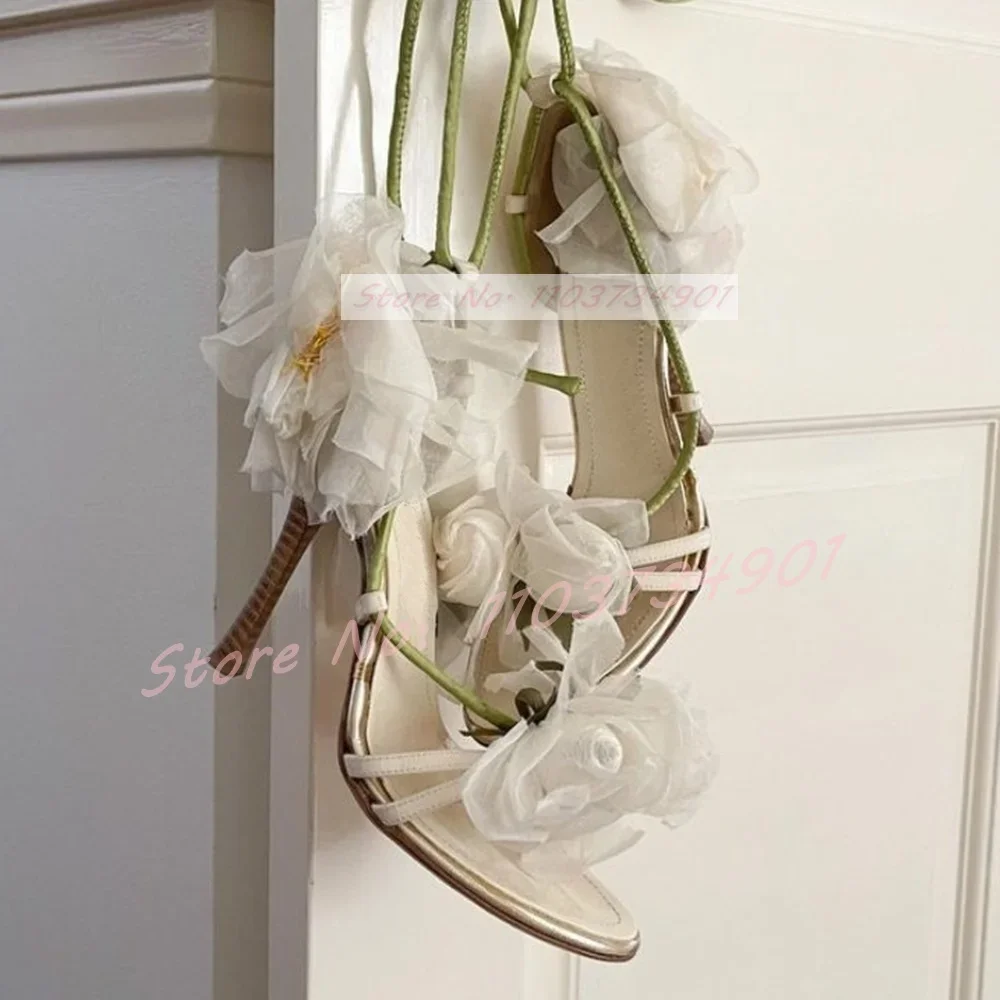 White Mesh Flower Lace Up Sandals Women Feminine Round Toe Patent Leather High Heels Shoes Lady Classy Trendy Cover Heel Sandals