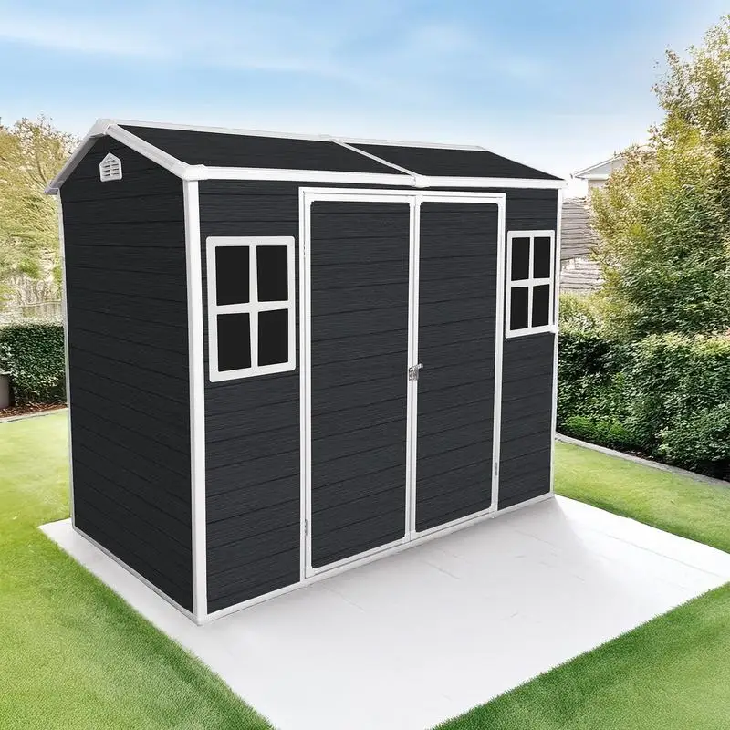 

8x4ft Outdoor Resin Garden Shed with Floor and 2 Windows, Lockable Storage Shed for Tools, Bicycles, and Trash Cans, Black