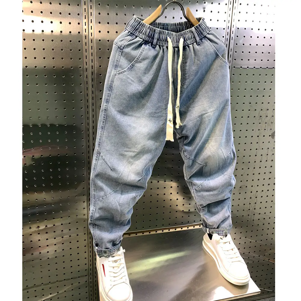 Loose Fit Light Blue Denim Jeans Men's Autumn Trendy Brand Nine Points Elastic Straight Leg Trousers Drawstring Waist Casual ...