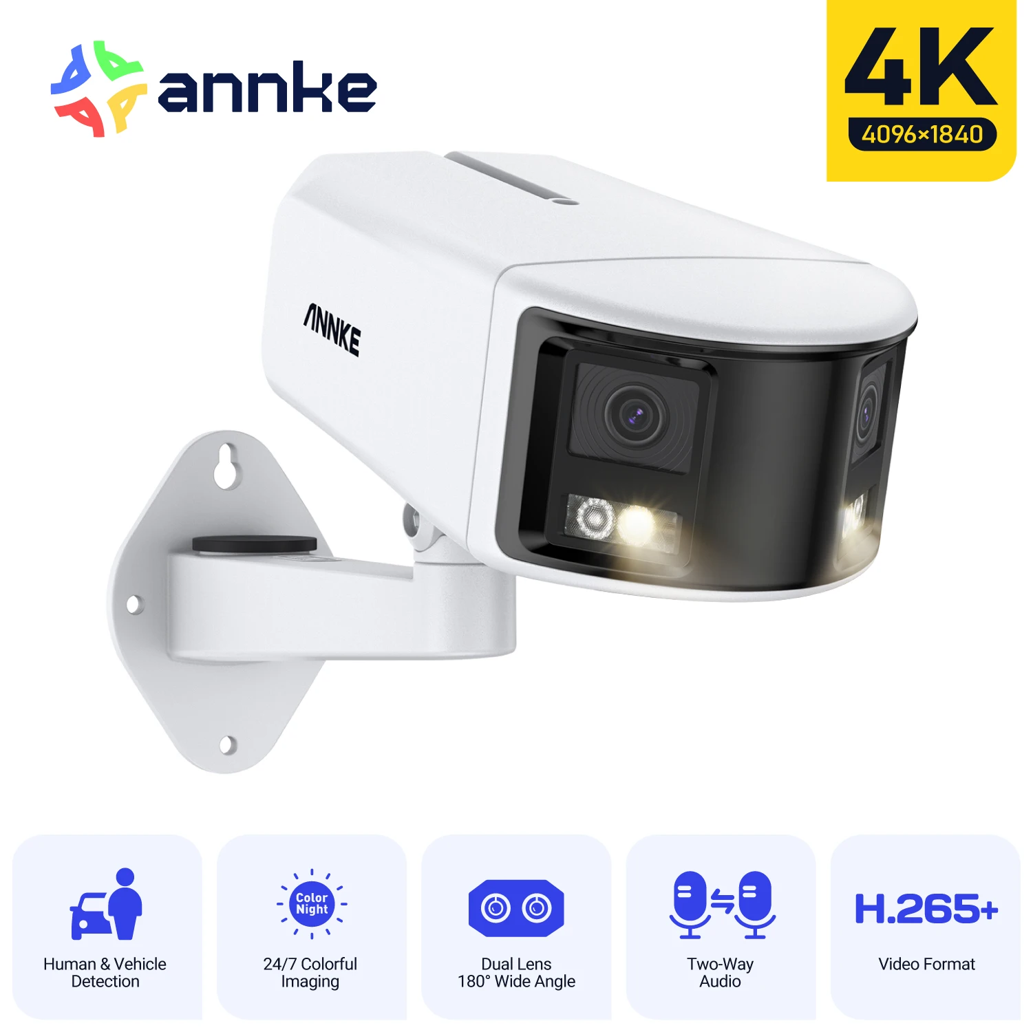 

Камера наблюдения ANNKE 4K 8MP POE с двумя объективами 180 ° Уличная камера PoE Цветная камера ночного видения CCTV Видеокамера безопасности