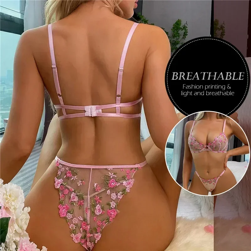 Sexy Lingerie Floral Embroidery Underwear Transparent Lace Short Delicate Fairy Set Woman 2 Pieces Lace Sexy Gathering Underwear