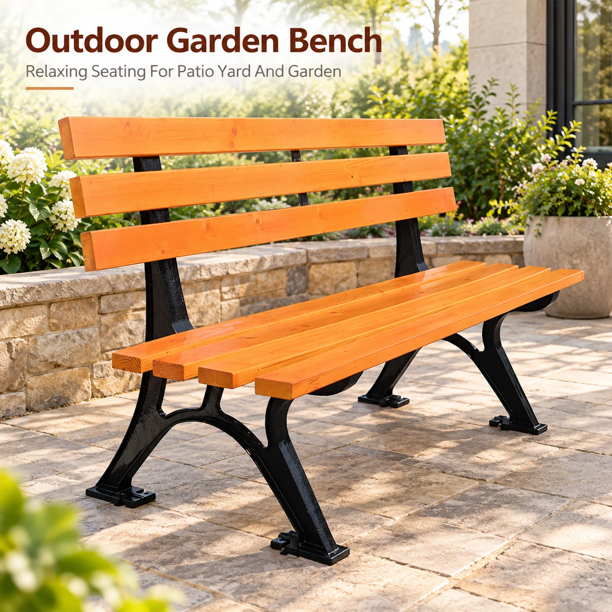 AOLIVIYA Outdoor Garden Bench With Backrest 47 Inch Patio Park Seat Wood Slats Cast Iron Legs For Yard Porch Courtyard