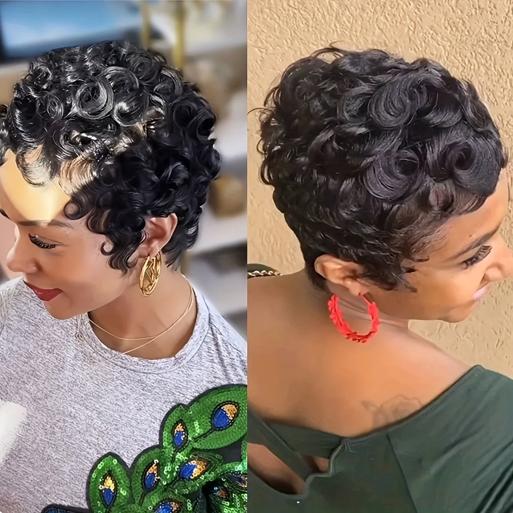 

6-дюймовый короткий парик-пикси | Парик машинной работы с челкой, из натуральных волос, свободные локоны, розовая сетка | Идеально подходит для повседневного использования.