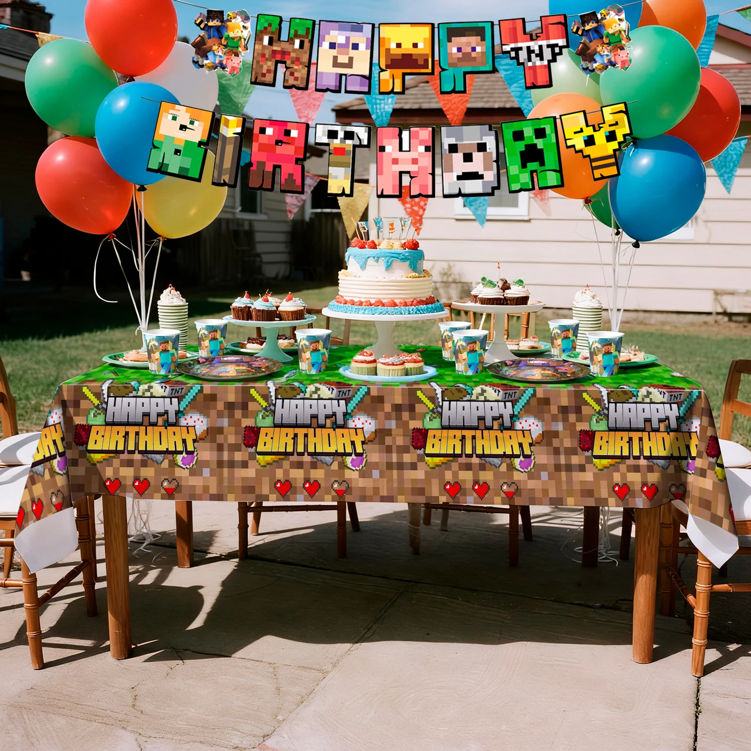 114 قطعة لعبة بكسل زينة حفلة عيد ميلاد أدوات المائدة-بكسل نمط ألعاب راية لوحات المناديل الخ مينر موضوع لوازم الحفلات #4