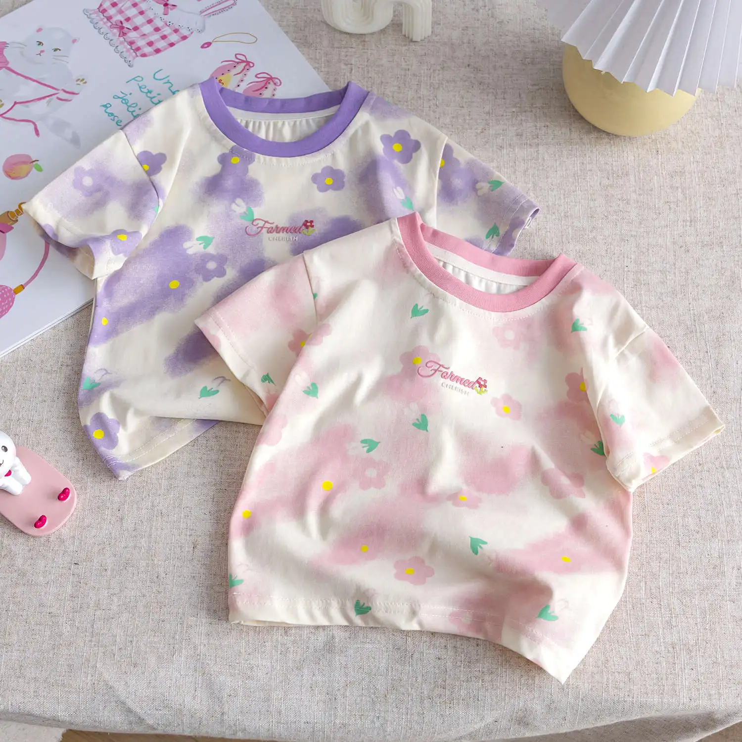 Baby Girls Summer Short Sleeve T-Shirts Round Neck Flowers Print Casual Tees 1-6Years Girl Tees Cute Kids Tops
