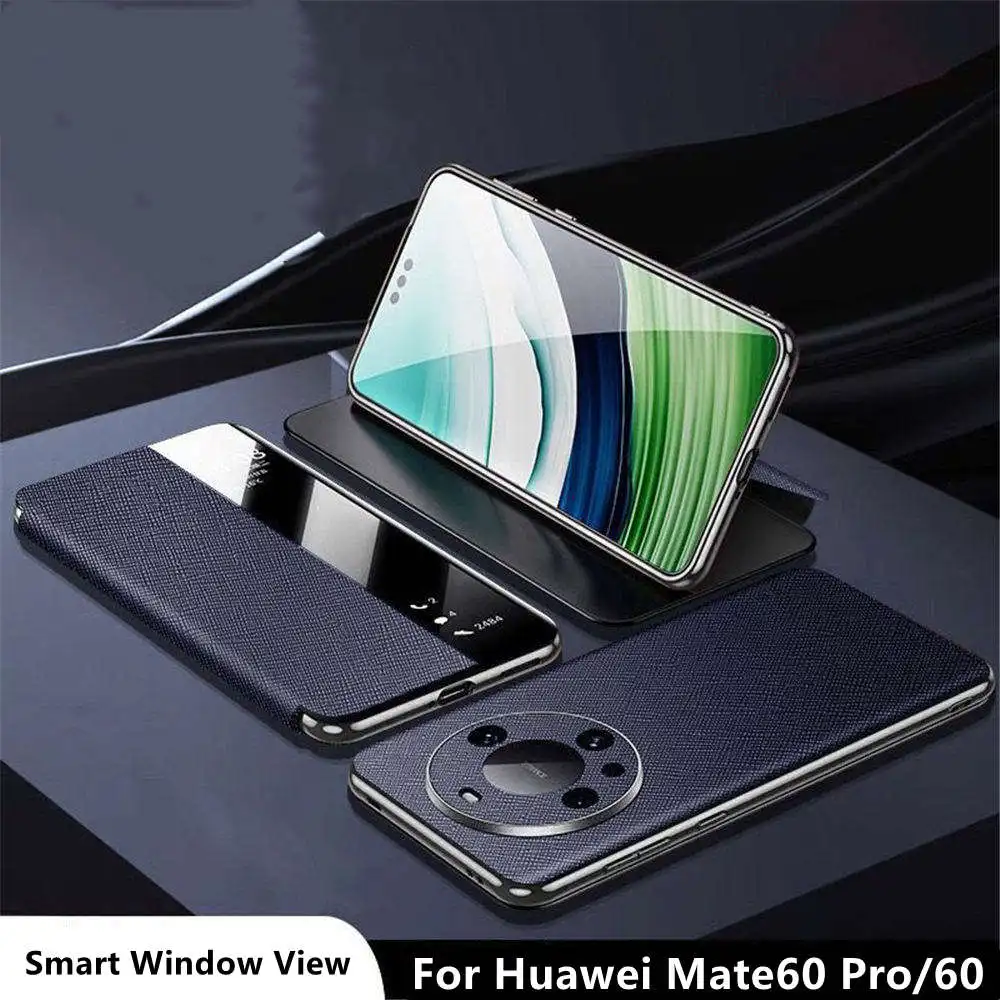 

Genuine Cowhide Leather Magnetic Case for Huawei Mate60 Pro 60 Window View Business Full Cover