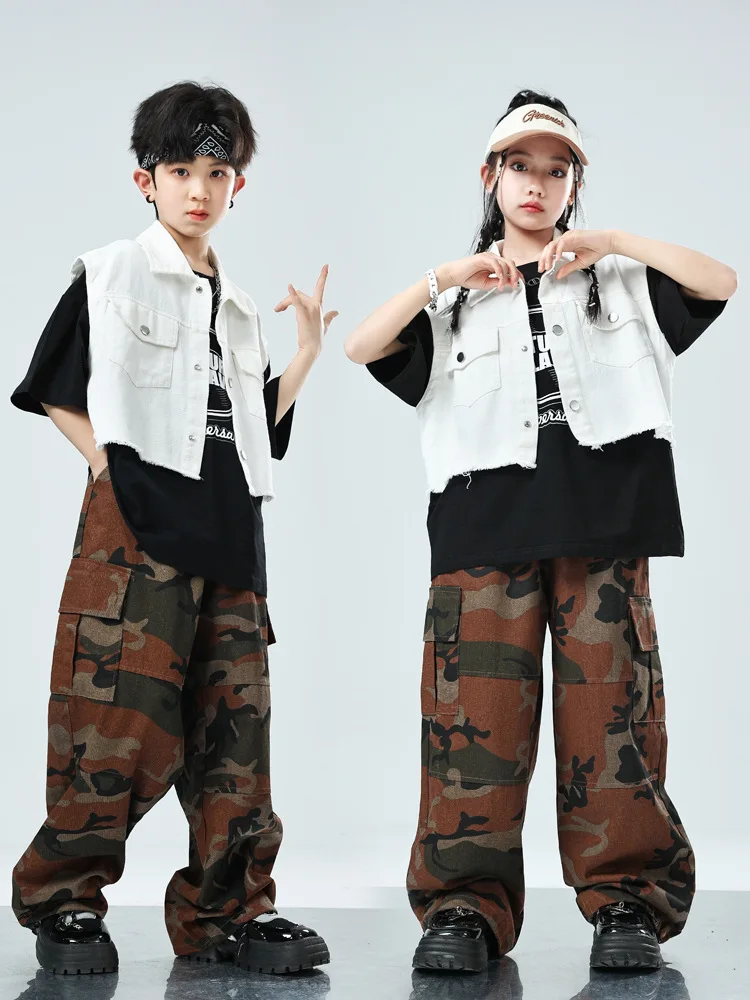 

Kid Kpop Hip Hop Clothing White Raw Hem Crop Vest Top Orange Camo Casual Cargo Pants for Girl Boy Street Dance Costumes Clothes