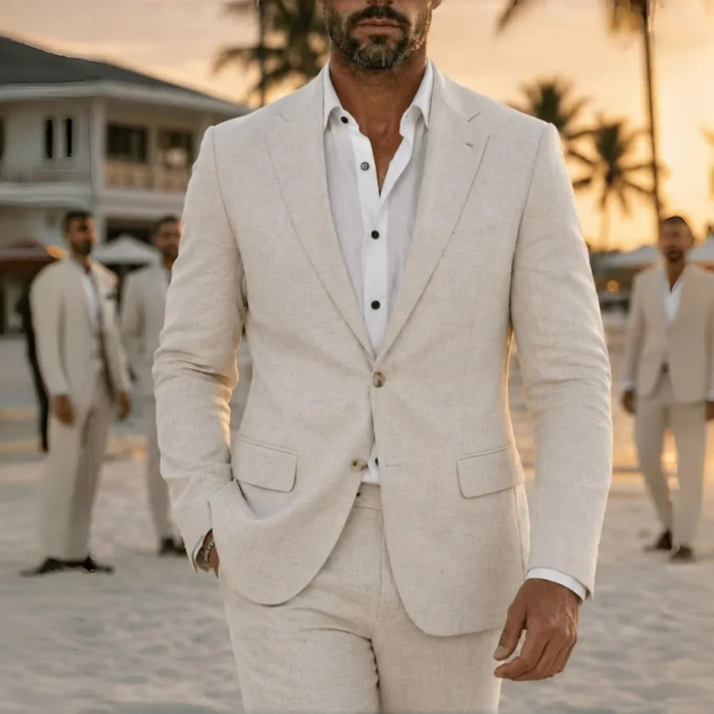 2 Pieces Beige Lightweight Linen Suit Separates Jacket with Pant for Men Summer Wedding Groom Tuxedo