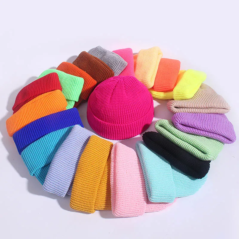 Gorros de invierno para Unisex, gorros fluorescentes sólidos de punto, gorros casuales más cálidos, sombrero de moda que combina con todo, caramelo