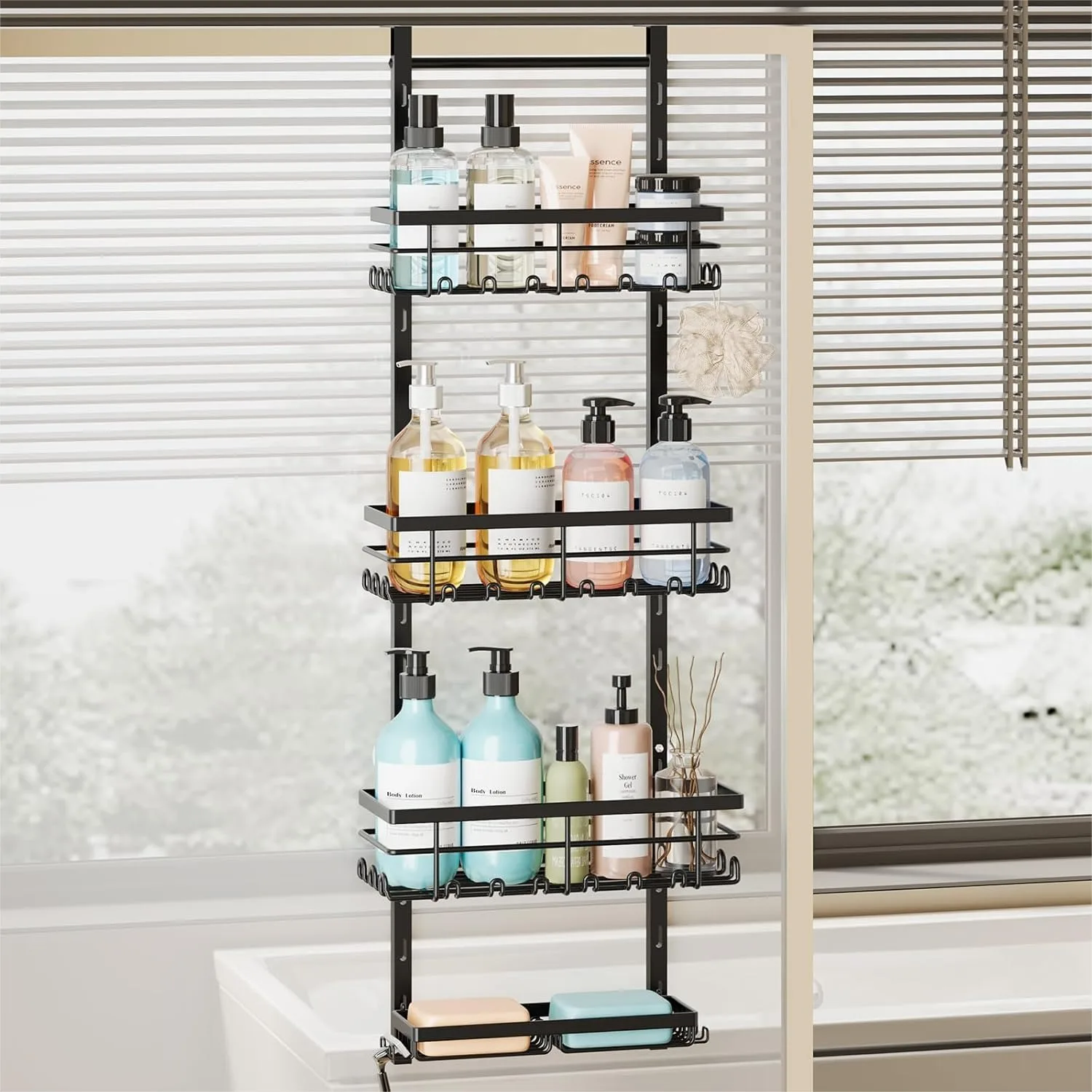 

Over The Door Shower Caddy 4 Tier Hanging Organizer with Adjustable Shelves, 40 Hooks & Soap Holder, Rustproof Bathroom Storage