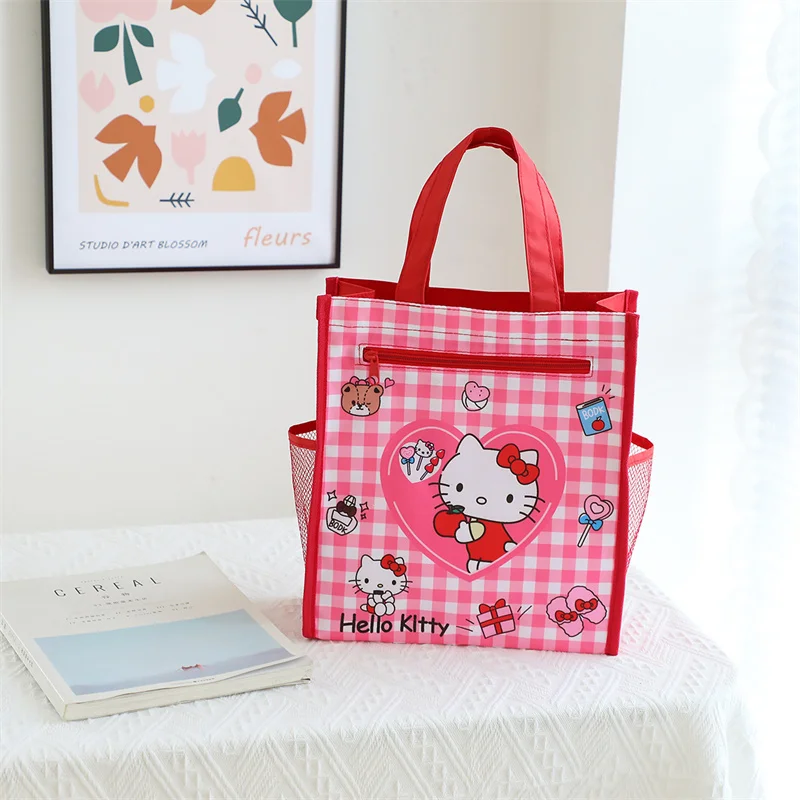 MINISO Kawaii Sanrios Hello Kitty My Melody Kuromi Cute Tote Bento Bag Cartoon Student Book Organizer Double Zipper Lunchbox Bag