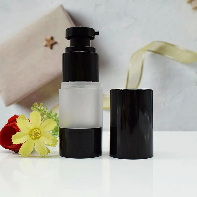15 مللي زجاجة بدون هواء غطاء مضخة سوداء أسفل غسول الجسم بلوري/مستحلب/الأساس/الجوهر/مصل الزيت/حبر مستحضرات التجميل