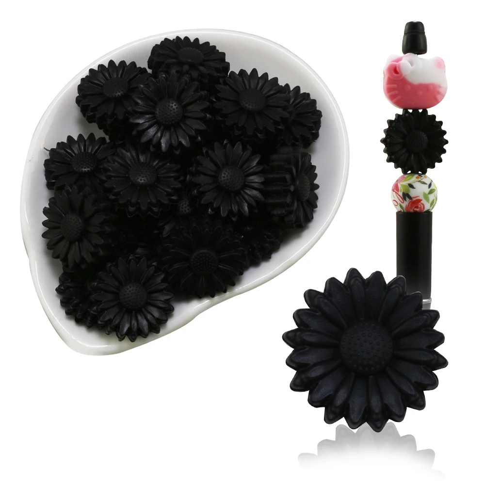 

100pcs/Lot Black Daisy Silicone Beads Welcome Spring Rainbow Red Pink Tie-dye Sunflower Pearls DIY Teething Pacifier Accessories