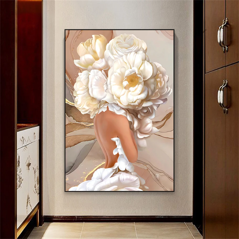 Abstract Woman Flower Head Art Poster Beige and Golden Art Print Large Canvas Painting Modern Bedroom Wall Art Living Room Decor