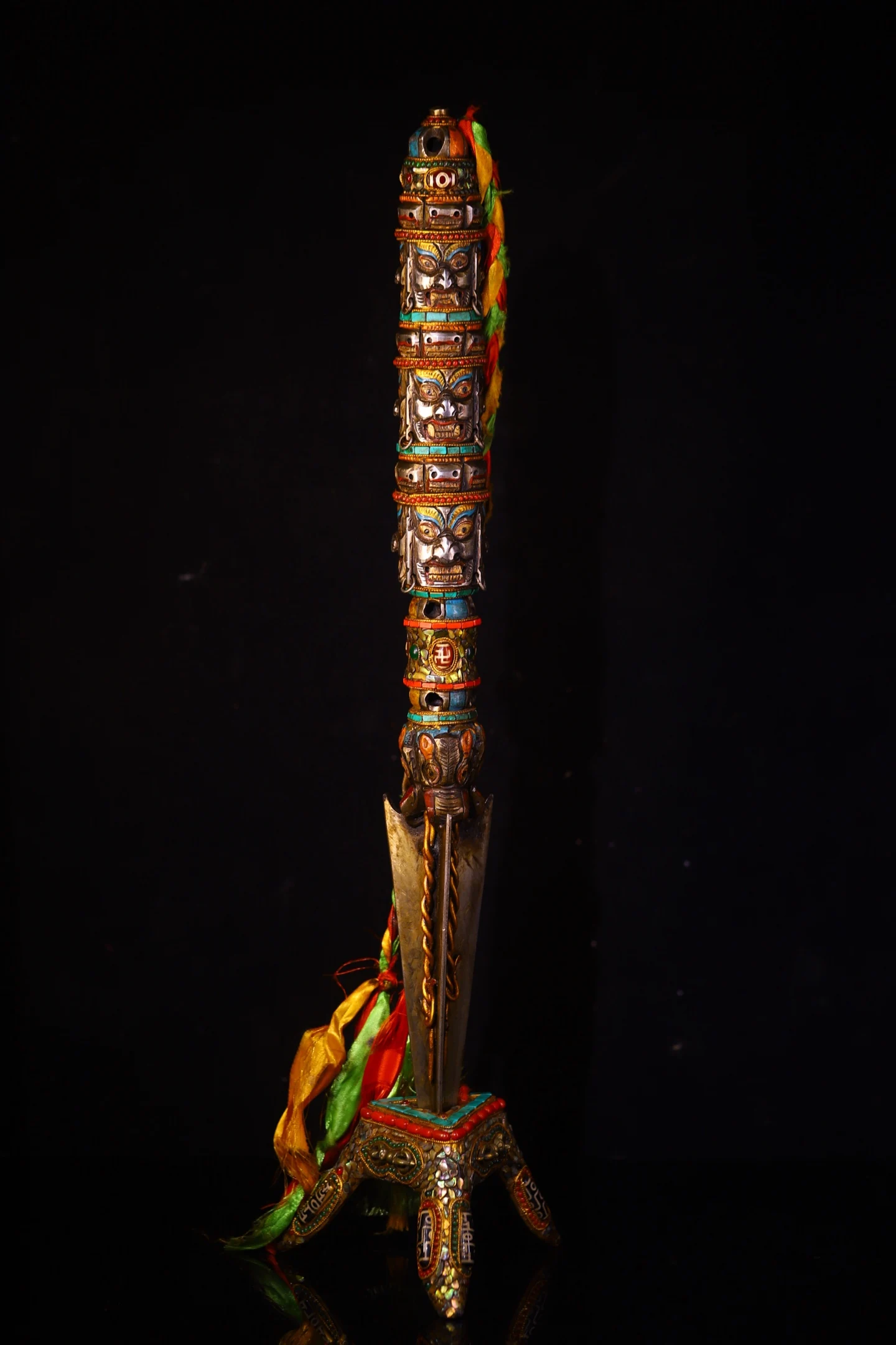 

24"Old Tiantie Mosaic Gem gZi Beads Turquoise 3 Mahakala Head Vajra Phurpa Base Pendant Amulet Dharam Worship Hall Town house