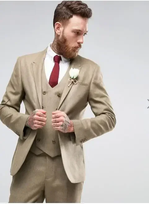 Champagne Khaki Wedding Suits For Men Double Breasted Jacket Slim Fit 3 Piece Tuxedo Custom Groom Blazer Sets  Ternos Masculino