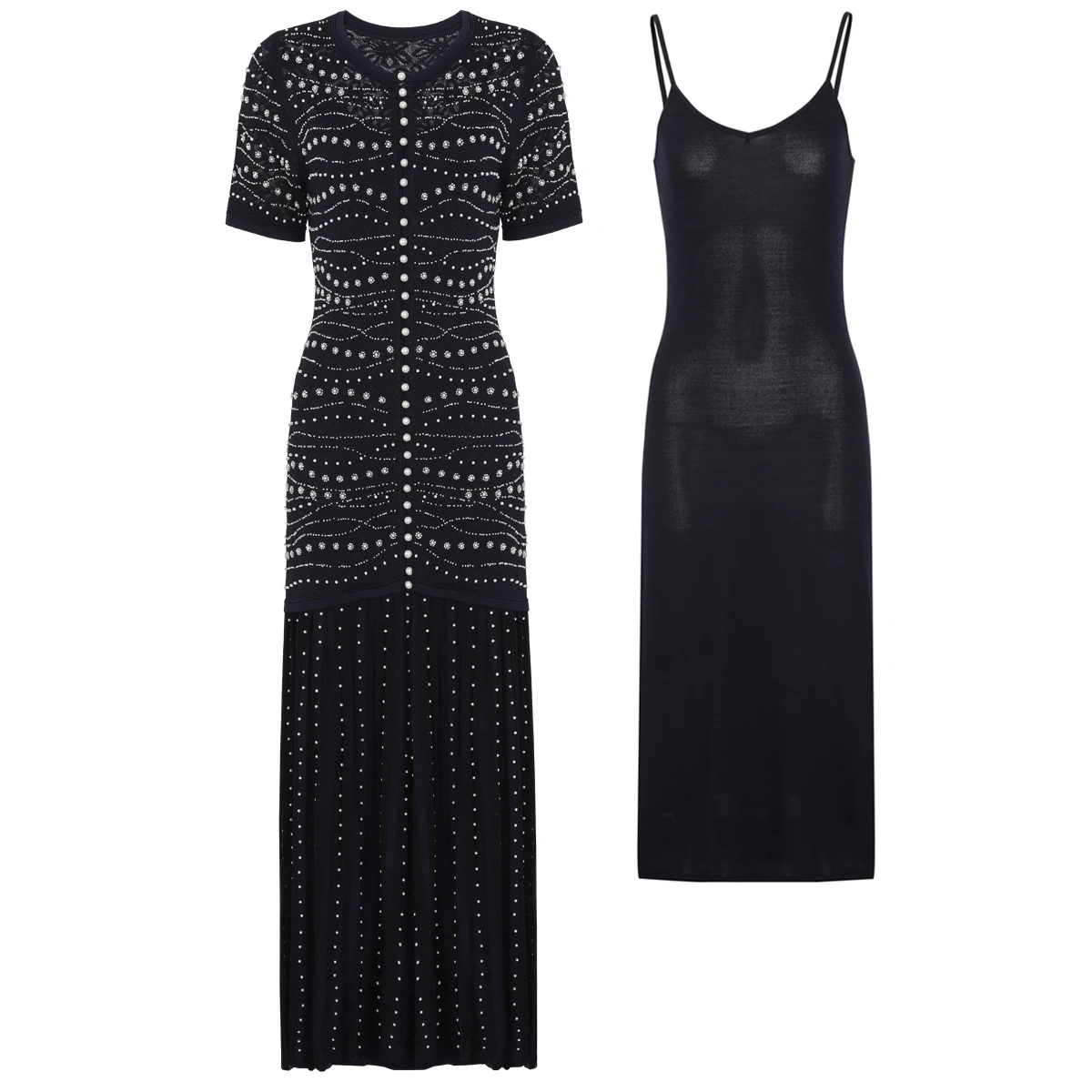 26151 Damen 2-teiliges Perlen-Strick-Maxikleid-Set Kurzarm Ausgeschnittenes Langes Kleid mit Cami-Unterkleid für Party Abend Vestidos