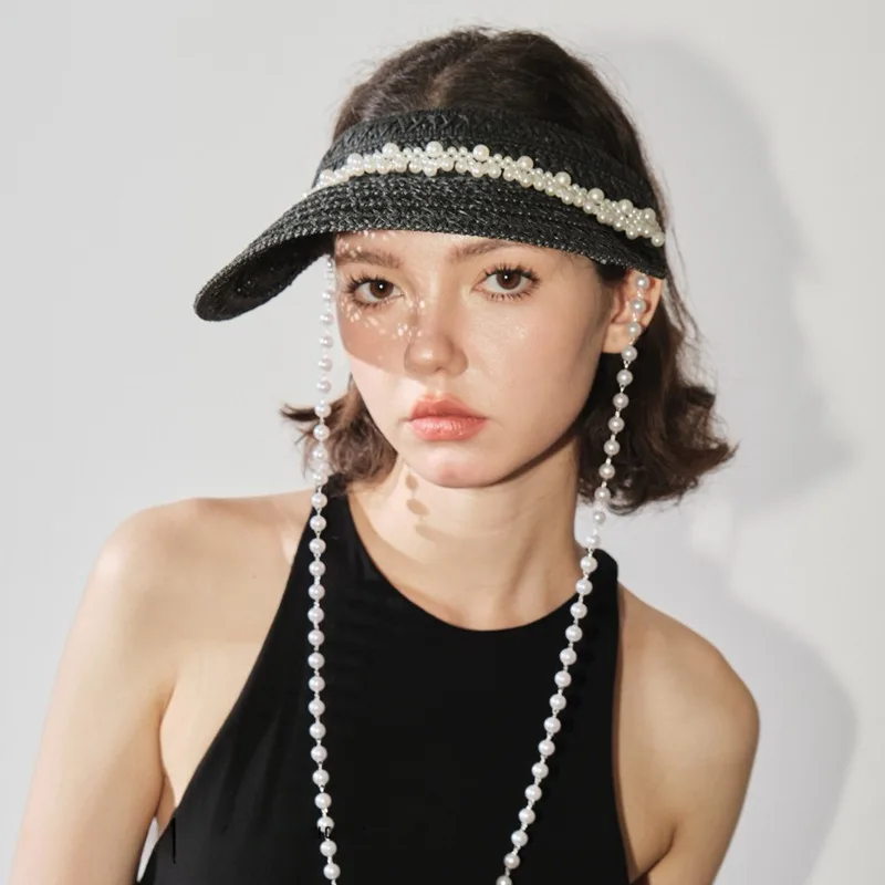 

Luxury Pearl Chain Sun Visor Cap Women's 2025 New Chicness Beads Mesh Design Curved Brim Grasses Straw Sun Hats Cross Body Hats