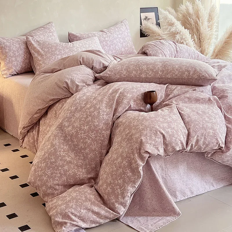 Class-A Vintage Floral Printing Bedding Set Luxury Crepe Yarn Soft Bedclothes for Four Seasons Non-Fading Washed Home Textiles