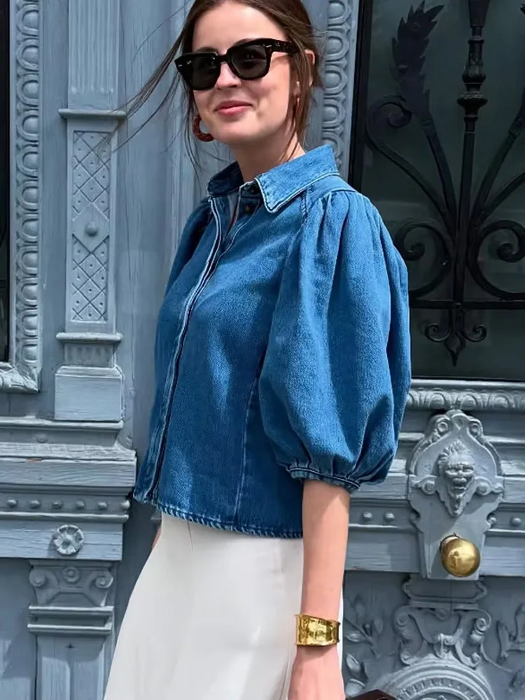 HH-pantalones vaqueros lisos para mujer, traje holgado con solapa, camisa de un solo pecho + pantalón informal de pierna ancha con bolsillo lateral de cintura alta y cremallera