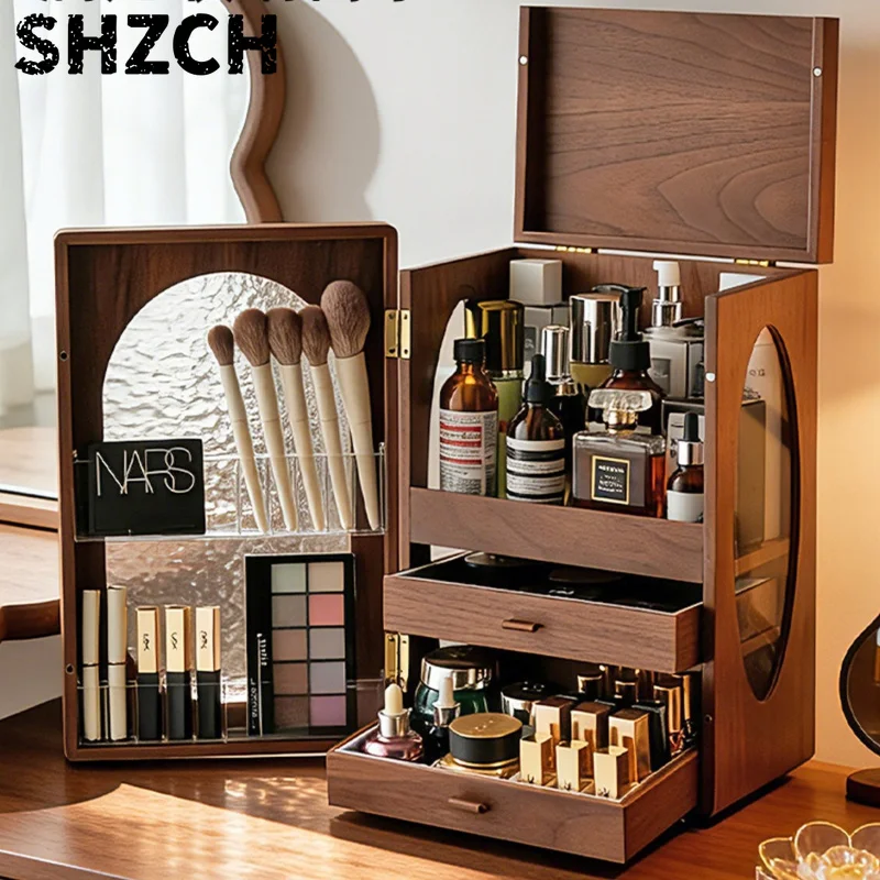 Large Capacity Wooden Storage Box, Drawer Cosmetics Organizer, Dustproof Makeup Brush Case, Desktop Vanity Skincare Cabinet