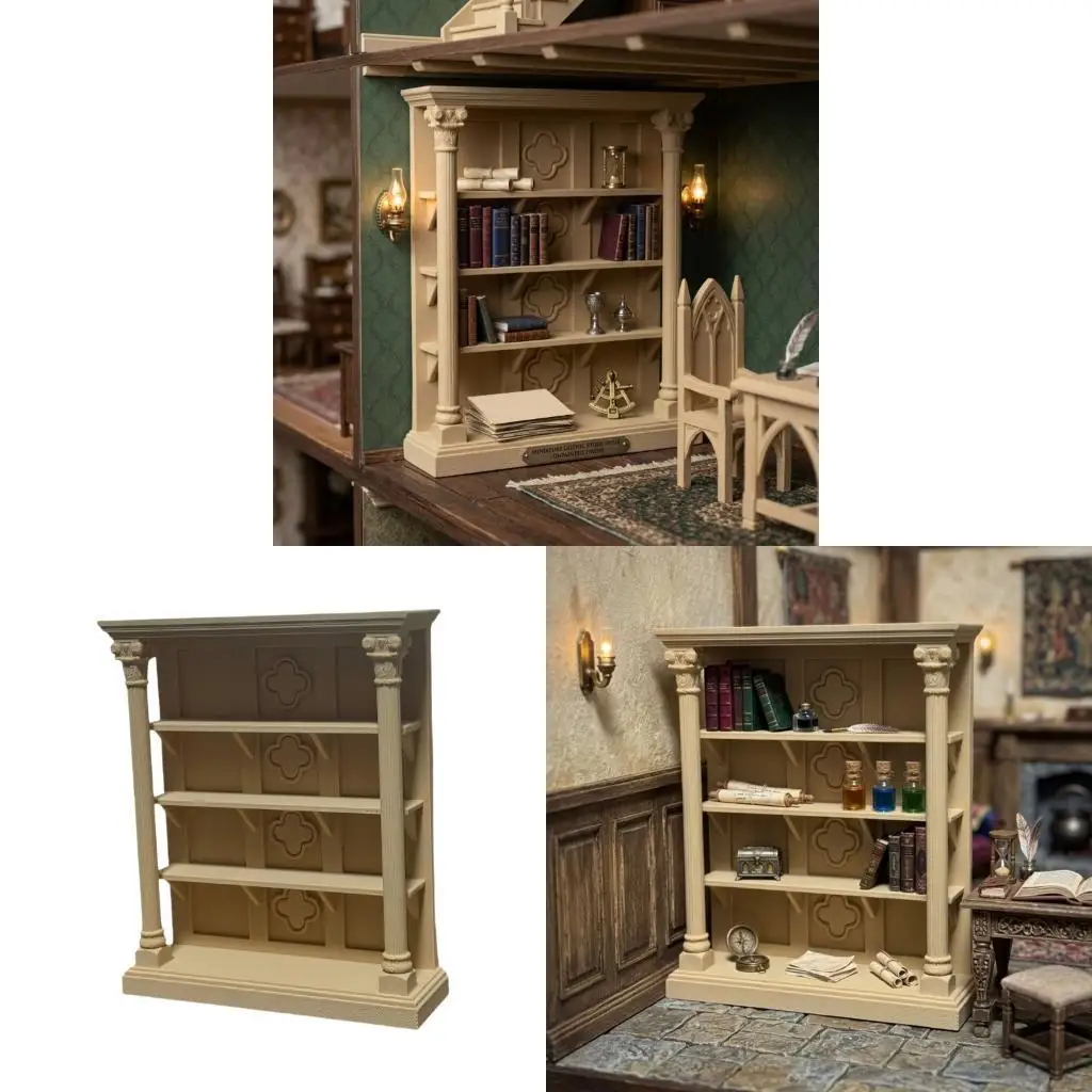 XXFE Miniature Bookcase Model 1:12 Scale Furniture Accessory, European Roman Column Shelf for Tabletop Room Layout and Display