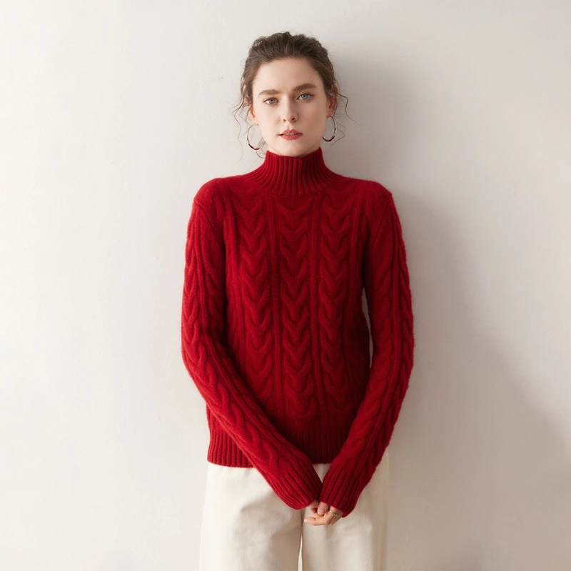 Women 100% Cashmere Sweater Turtleneck Pullover Cable Knitting Preppy Style Cashmere Knitwear Autumn Winter Heavyweight Clothing