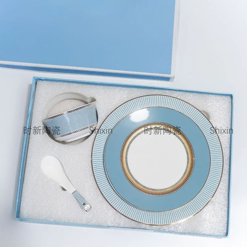 

Высококачественная новая обеденная тарелка из костяного фарфора, минималистичная домашняя тарелка с небесно-голубой полосой и золотой оправой, керамическая пищевая тарелка премиум-класса
