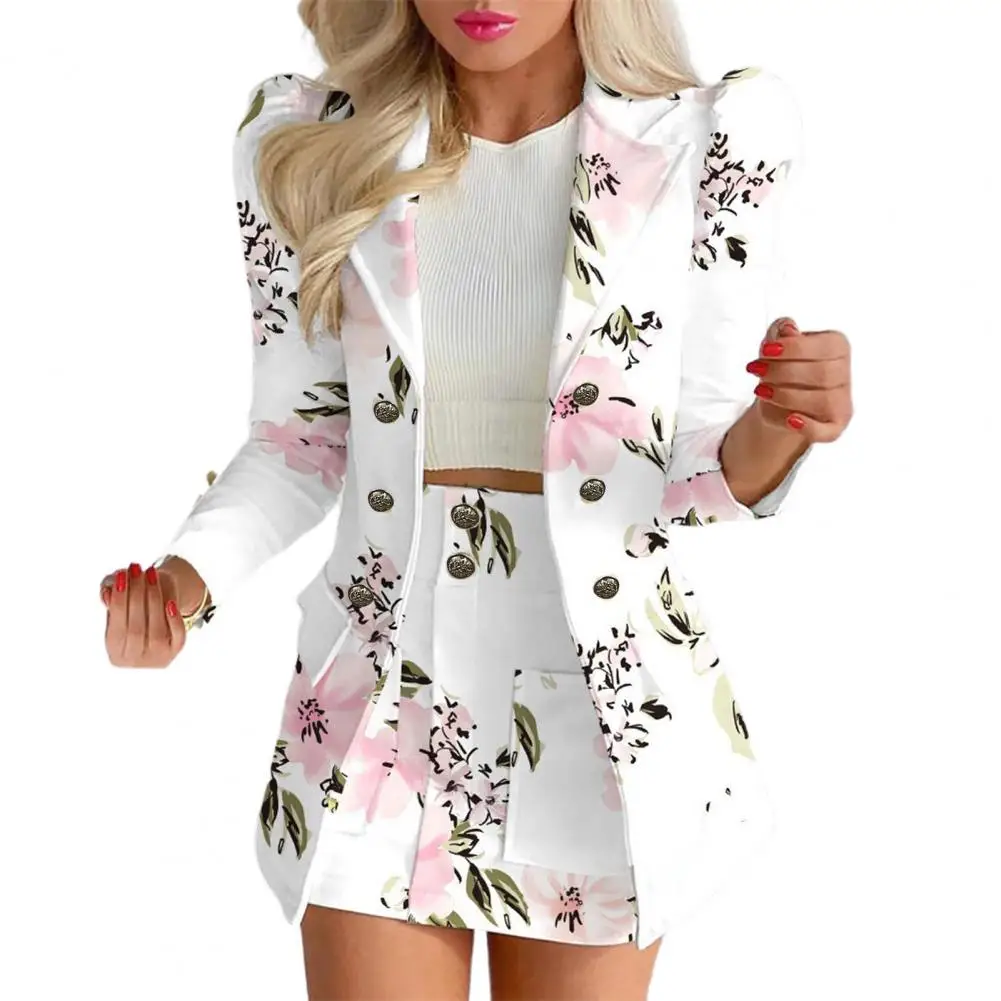 2Pcs/Set Women Outfit Blazer Suits Coat Skirt Set Flower Check Print Color Matching OL Style Formal Suit Lady Jacket Skirt Set