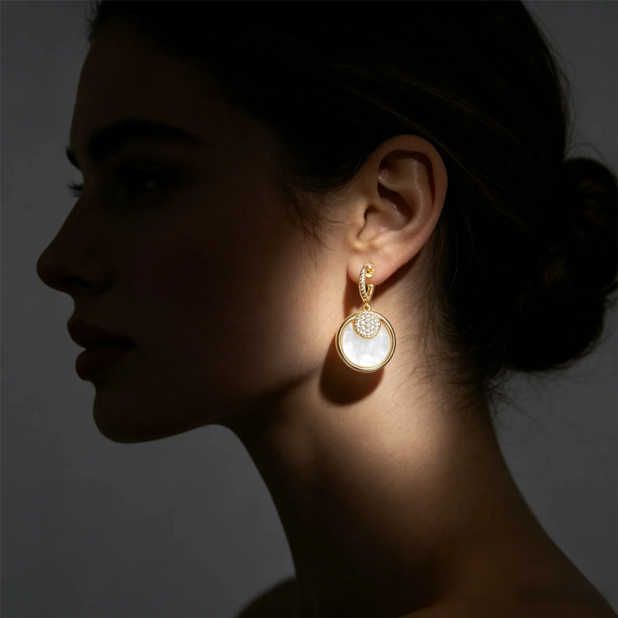 Minimalist S925 Silver Hoop Drop Earrings, Geometric Circle Mother of Pearl Shell, Micro Pave CZ Dangle Jewelry for Women