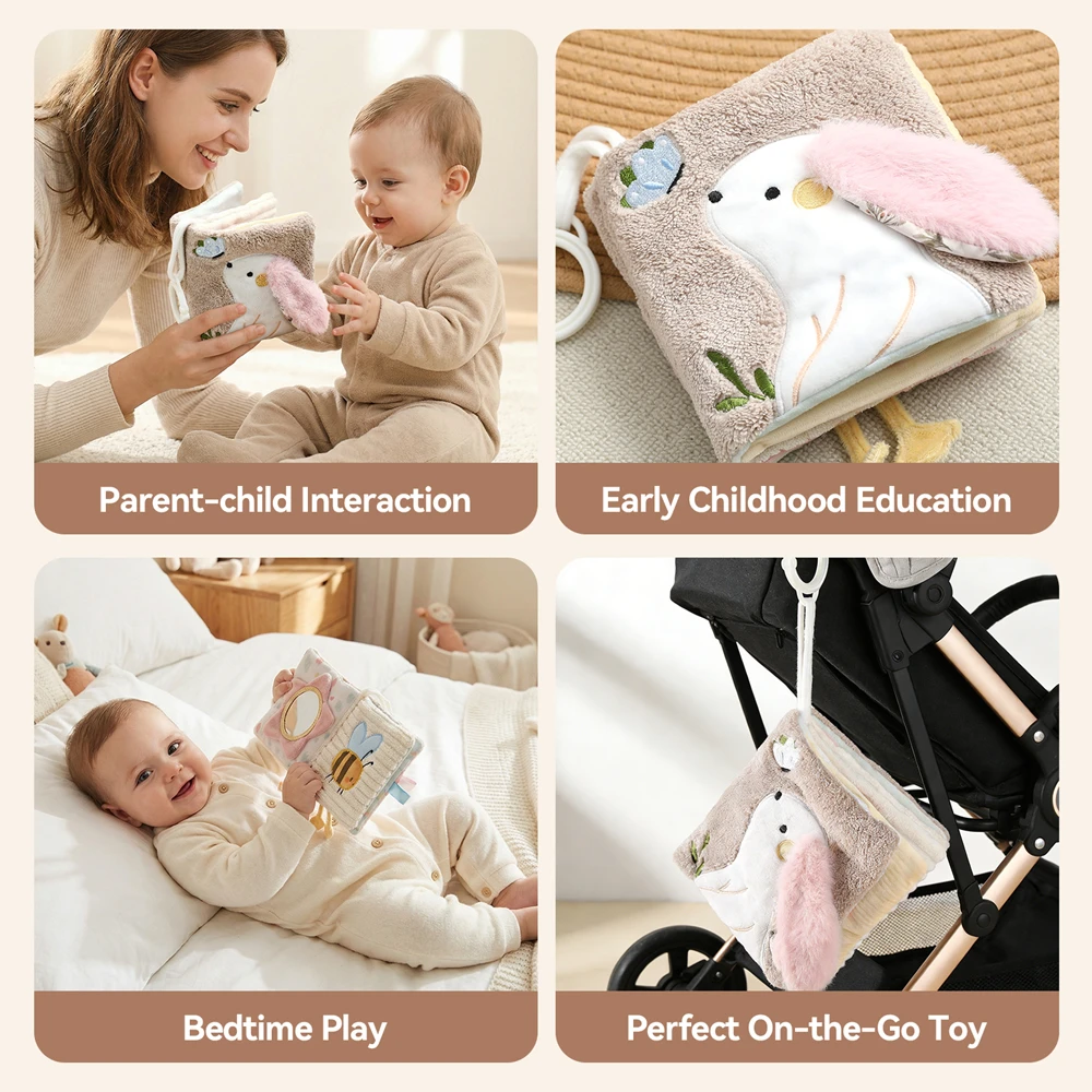 Livro Sensorial de Pano Macio Coelhinho, Brinquedos de Bebê 3D para Aprendizagem Precoce, Brinquedos para Carrinho de Bebê, Brinquedos Multifuncionais para Bebês de 0 a 12 Meses