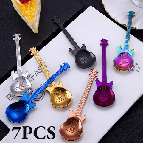 

Stainless Steel Guitar Teaspoon Coffee Spoon, Creative Christmas Gift, Fashion Bar Tableware for watermelon dessert, 7Pcs Set