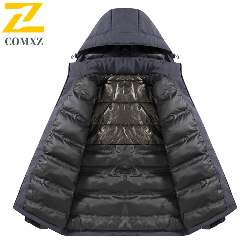 Luxuriöse Herren-gepolsterte Jacke, abnehmbare Kapuze, Schnee, Skifahren, dicker warmer Mantel, Komfort, Camping, Graphen, selbsterwärmender, winddichter Wintermantel