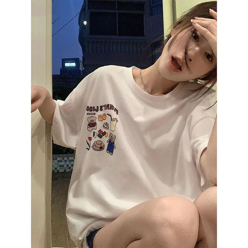 Cotton Short Sleeve Tops Ladies Casual O-neck Pullovers Summer Fashion Straight Women\'s Clothing Loose Printing New T-Shirts