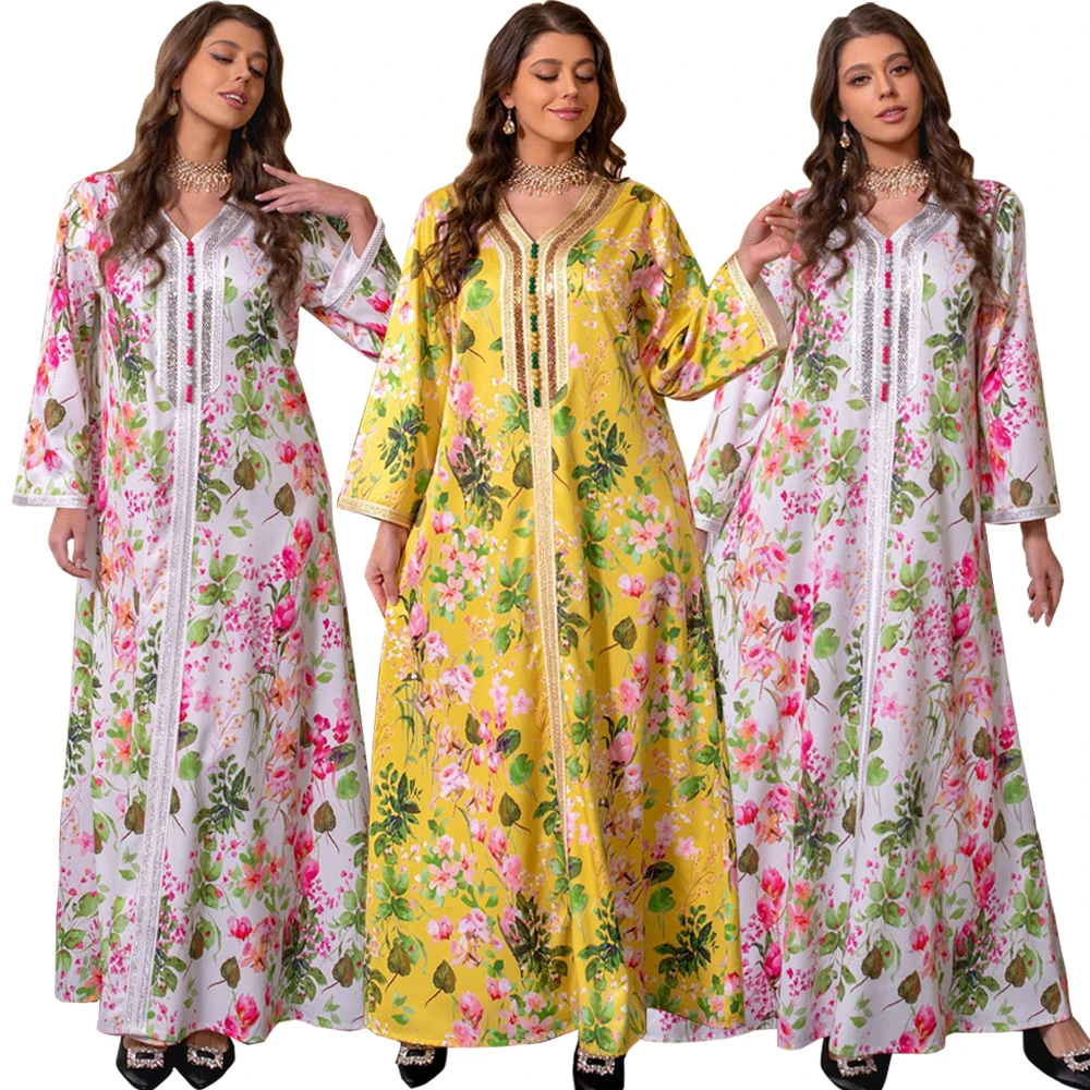 

Ramadan India Muslim Dress Women Eid Floral Print Abaya Dubai Arabic Vestidos Moroccon Kaftan Islamic Clothing Gown Robe 2024