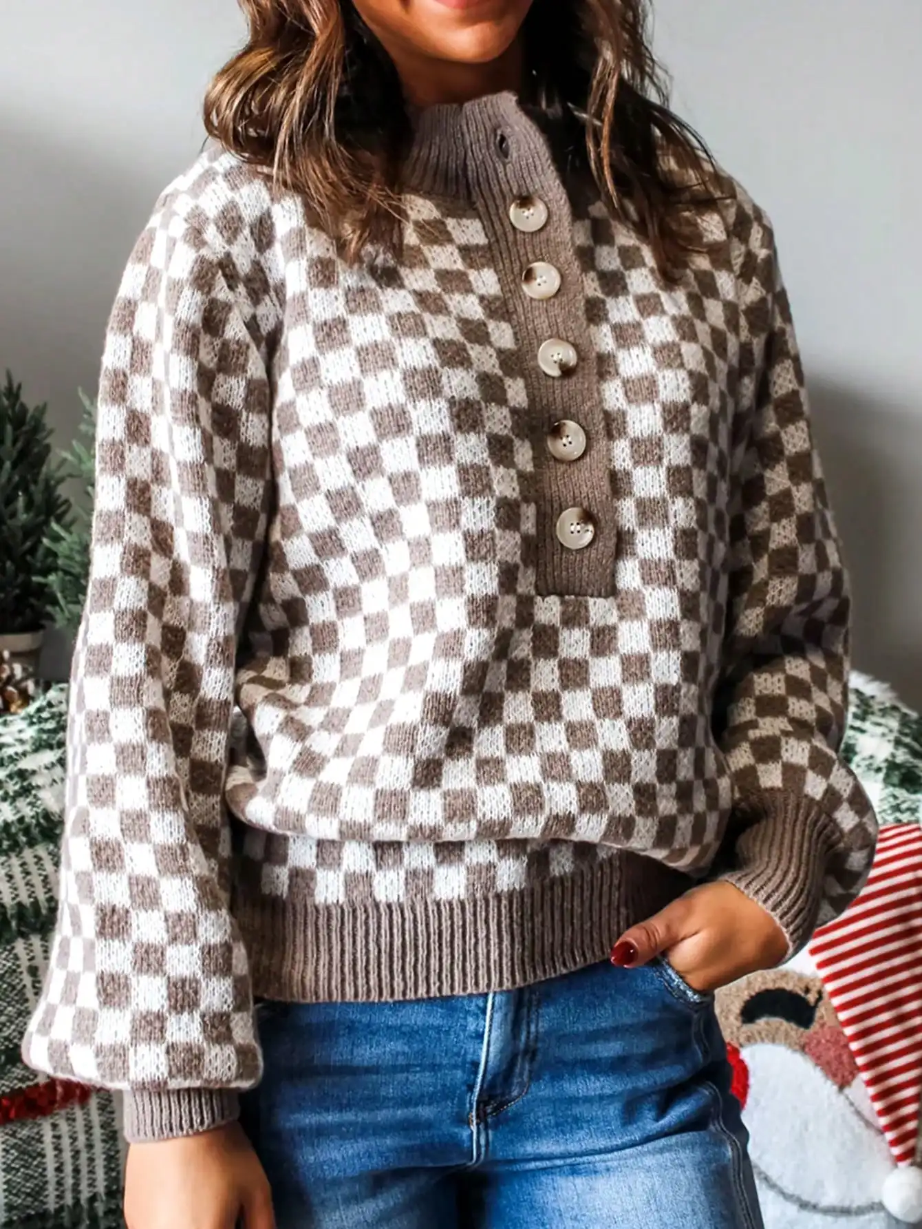 

Women's Brown & Cream Checkerboard Knit Sweater with Button Front and Stand-Up Collar