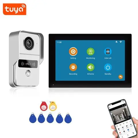 TUYA 1080P 7인치 7색 터치스크린 무선 와이파이 비디오 초인종 스마트 앱 홈 인터콤 키트 (RFID 출입 통제 시스템용)