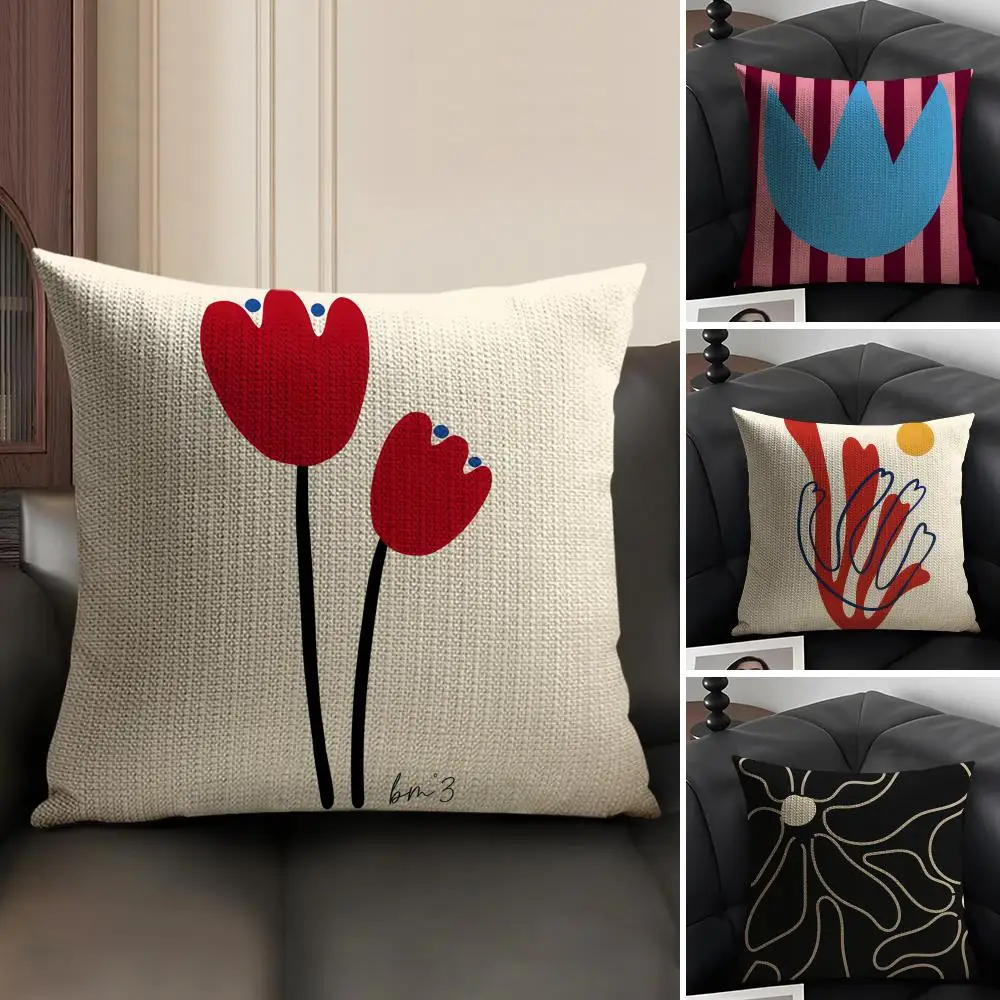 Modern Flower  Minimalist Cushion Cover Natural Linen Organic Fabric Double-Sided Printing Breathable Perfect Gift for Decor