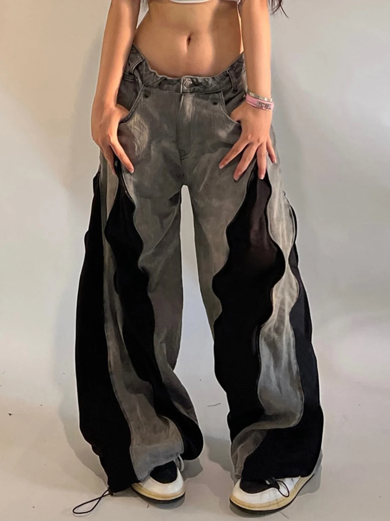 Harajuku Patchwork Zip-up Breite Bein Jeans Frauen Casual Lose Übergroßen Denim Cargo Hosen Vintage Y2k Mom Jeans Ästhetischen