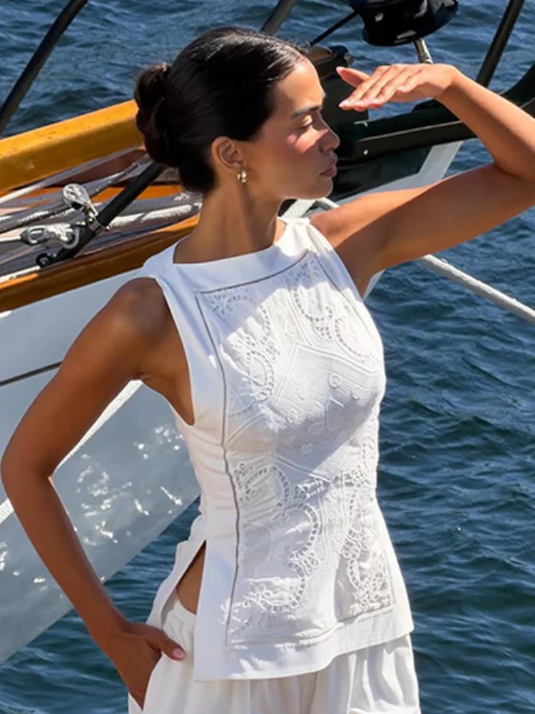 Chic O Neck Sleeveless Cutout Embroidery Slim Top Embroidered Texture Linen Blend 2026 Spring Summer Commute Lady Women Outfits