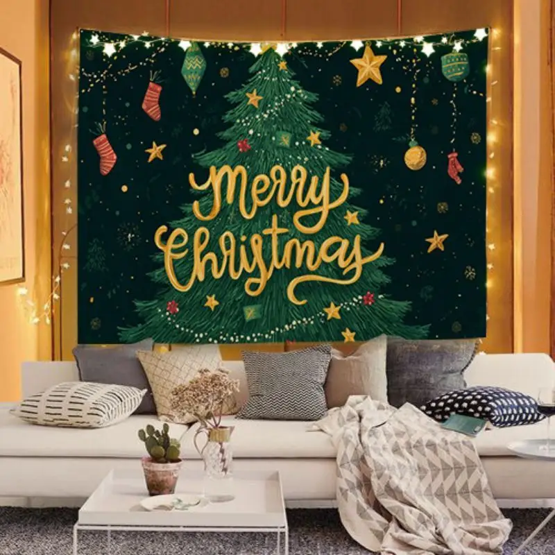 VIKAMA Green Christmas Tree Merry Wall Tapestry Holiday Festive Winter Stocking Star Home Decor Durable Thick Soft Cozy Gift