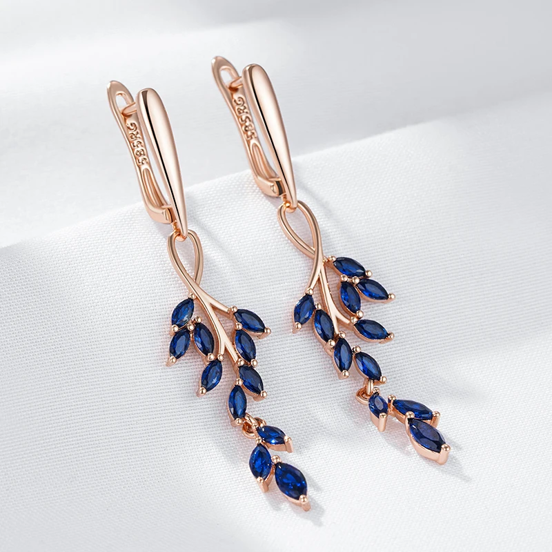 Kinel Full Blue Natural Zircon Leaf Shape Long Dangle Earrings For Women Fashion 585 Rose Gold Color High Quality Daily Jewelry