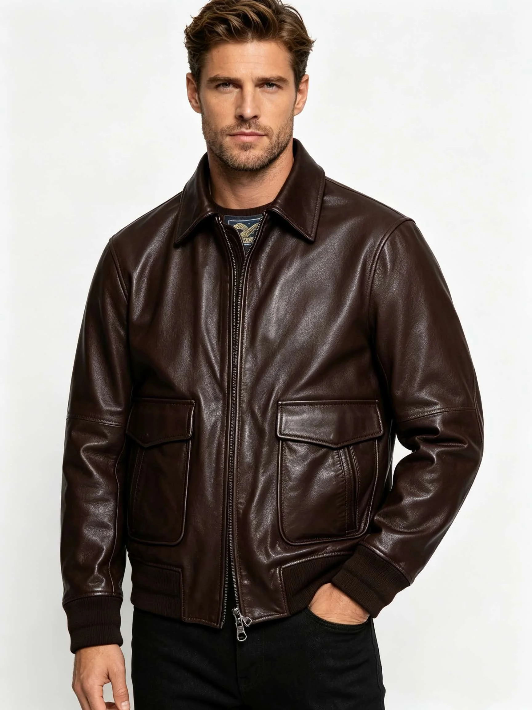 Men's Genuine Sheepskin Leather Flight Jacket Dark Brown A-2 Style Zip Front Pilot Coat With 2 Flap Pockets Rib Knit Hem Vintage
