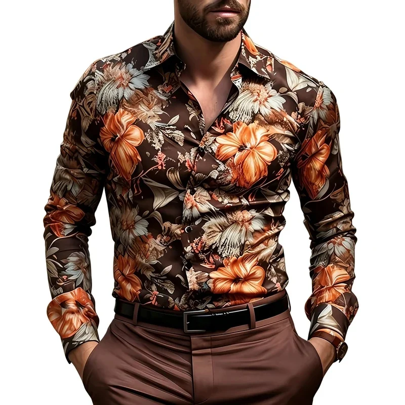 Men's long-sleeved printed shirt, all-over print, stretch fabric, slim fit, wrinkle-free, luxurious banquet printed shirt.