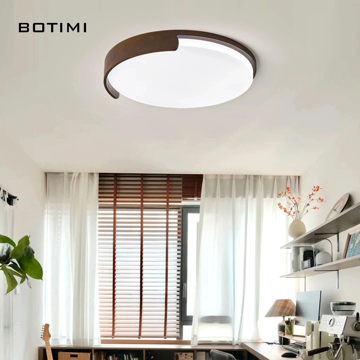 BOTIMI Modern Round LED Wood Ceiling Light With Remote Contral For Bedroom Surface Mounted Lighting