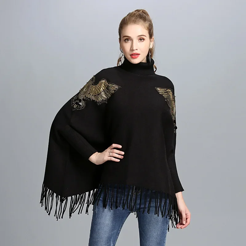 4 Colors Winter Knitted Women Eagle Appliqued Knitted Loose Sweater Long Batwing Sleeves High Neck Tassel Poncho Streetwear