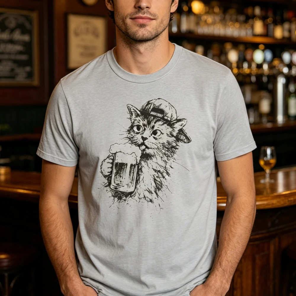 Vintage Beer Drinking Cat Sketch Printed T-Shirt Funny Cat with Beer Mug Tee Cool Cat Lover Gift Shirt Men Summer Cotton Tops