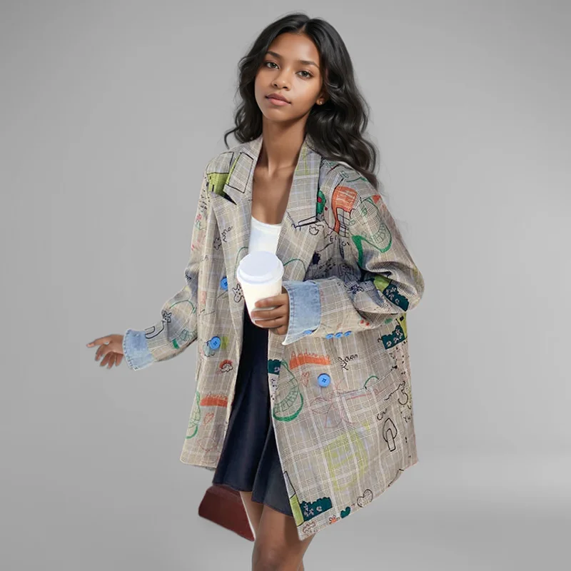WTHT Trendy Women\'s Gray Plaid Graffiti Design Loose Casual Blazer 2024 Autumn Fashion Lapel Long Sleeves Jacket Female 1LS082