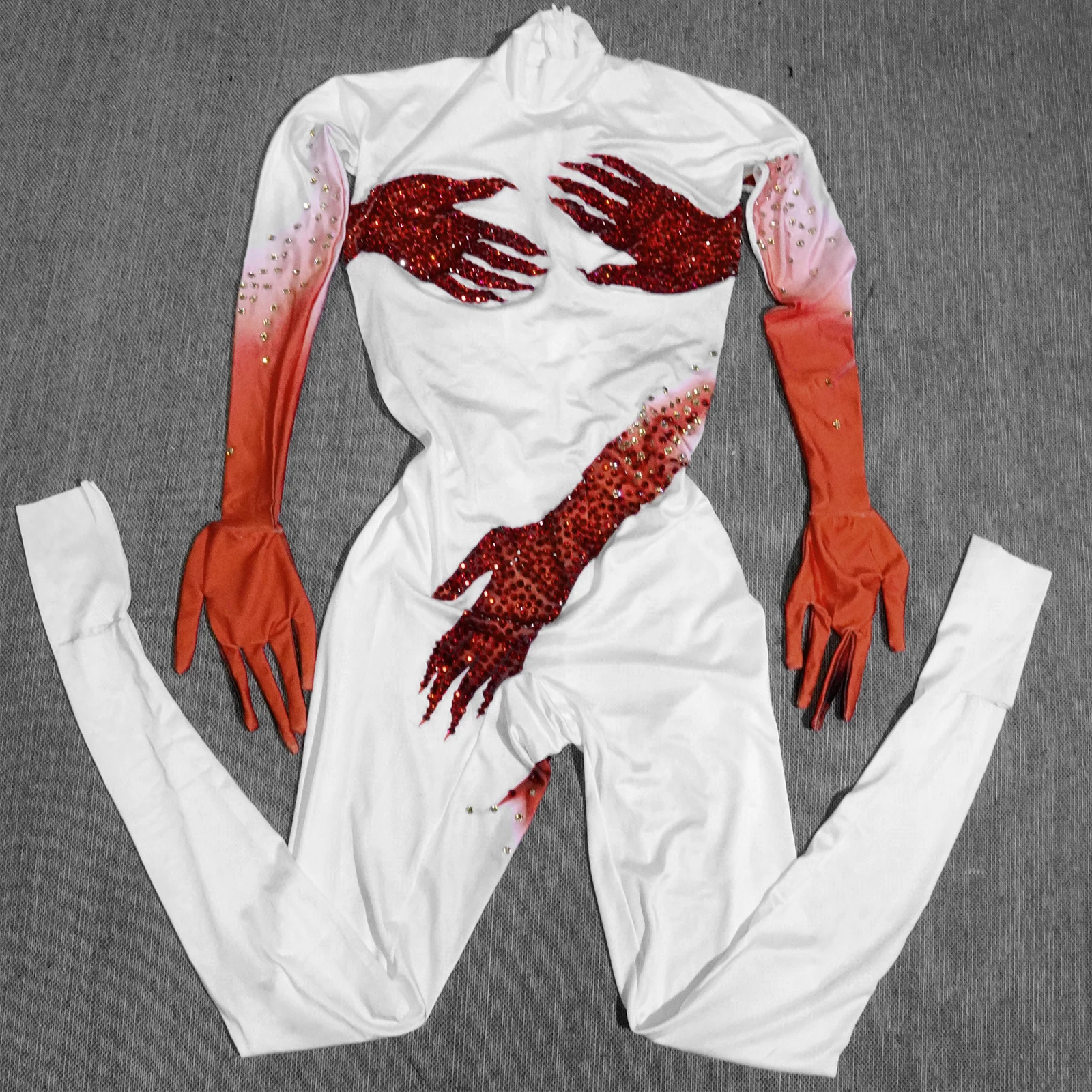 

Showgirls Costumes Full White Printed Rhinestones Jumpsuit Gogo Dance Sexy Stage Woman Drag Queen Performance Outfit NightClub